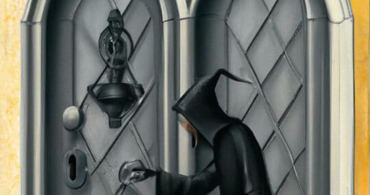 Painting of the Grim Reaper (Death) ringing a doorbell