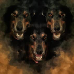 A painting of a 3 headed dog guarding the gates of Hades