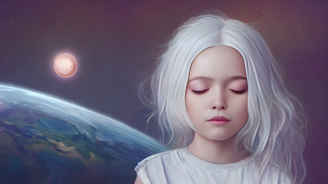 A picture of a girl calmly visualizing her breathing with a backdrop of a planet and sun.