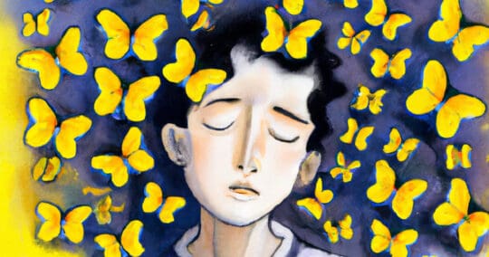 A painting of someone dreaming of yellow butterflies